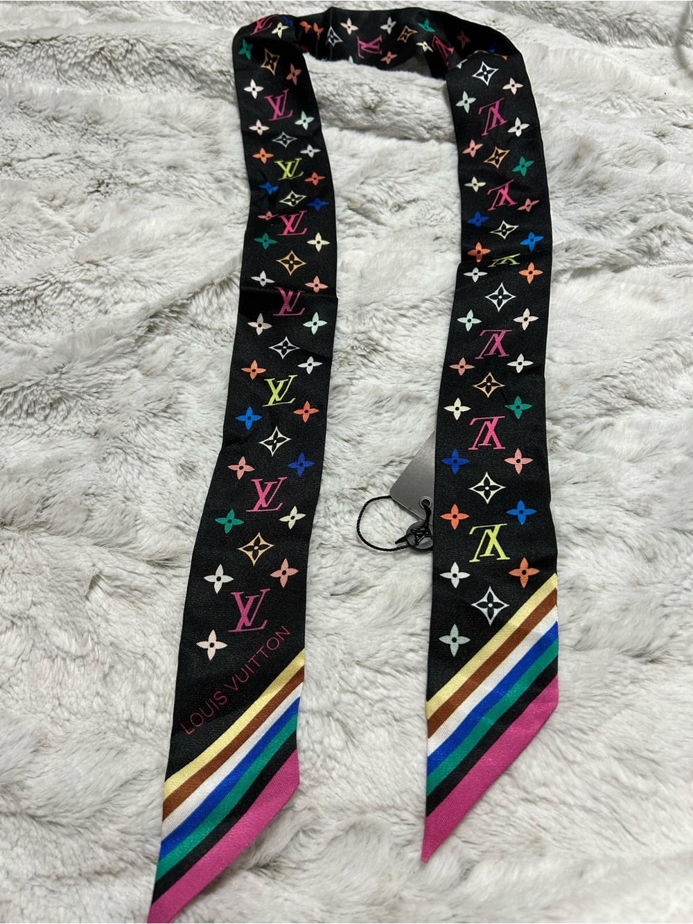 Black Silk Multicolor Monogram Twilly with Rainbow Stripe